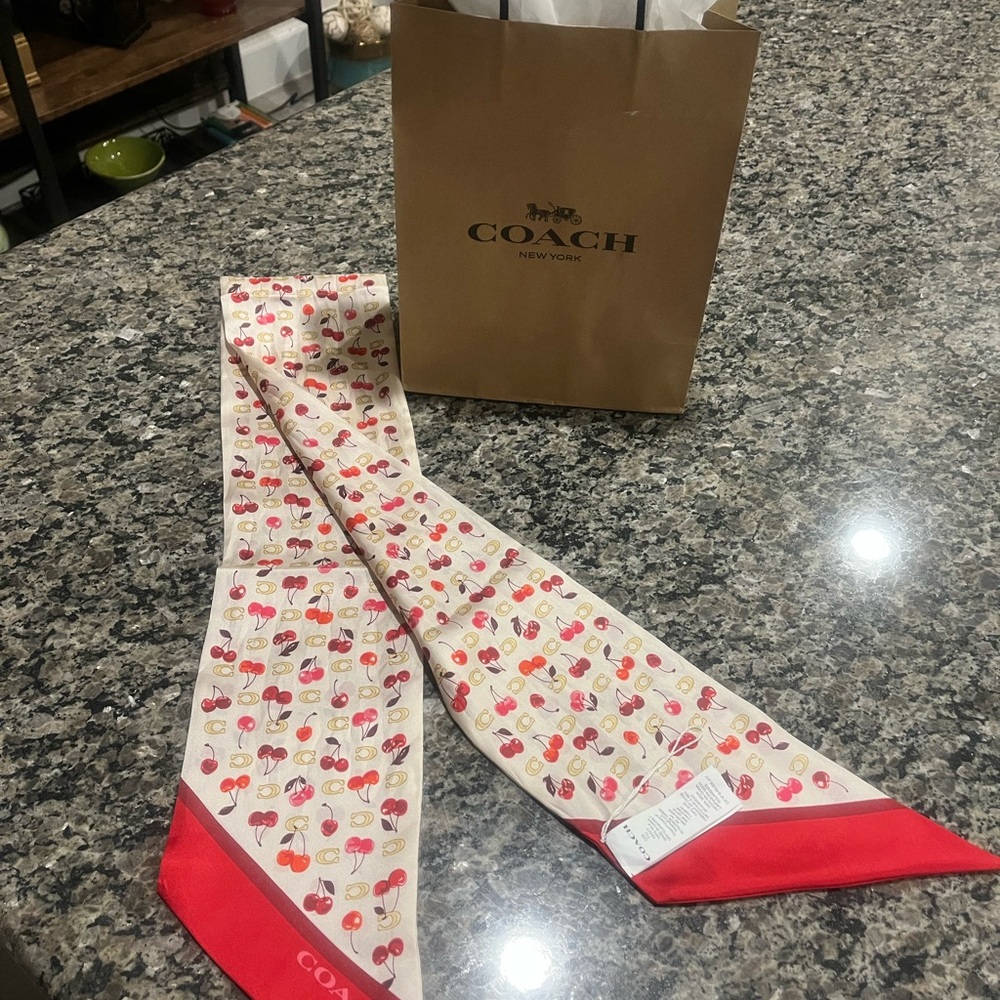 Coach Cherry Print Silk Twilly in Red and Cream - Picture 2 of 3